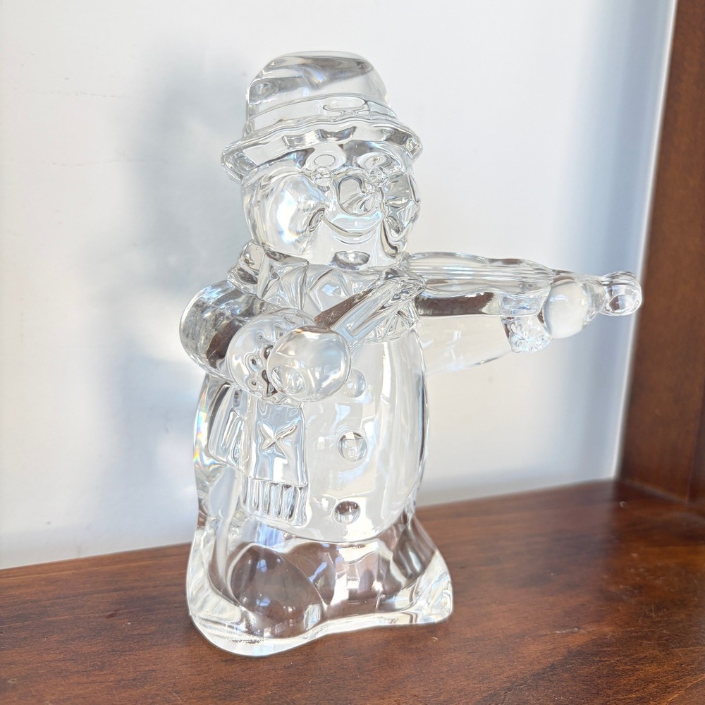 Vintage Clear Crystal Glass Snowman Playing Violin Figurine Holiday Decor